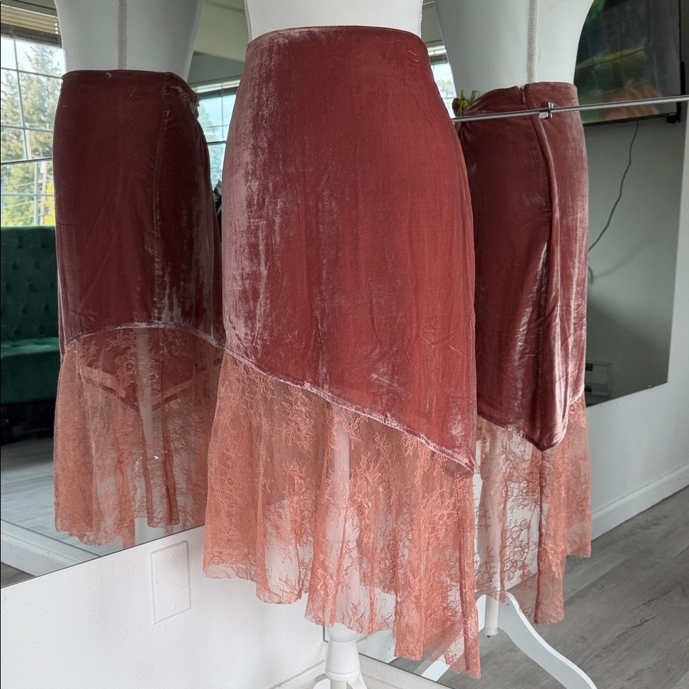 Free People Velvet Midi Skirt with Lace Hem in Rust